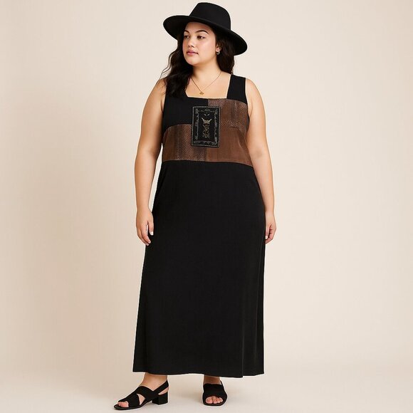 Amanda Smith Dresses & Skirts - Amanda Smith Sleeveless Maxi Dress Black & Brown Patchwork Print Women’s Size L